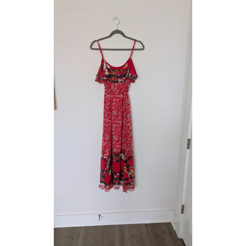 One September Anthropologie Red Floral Ruffle Maxi Dress Petite Small SP - Picture 6 of 9